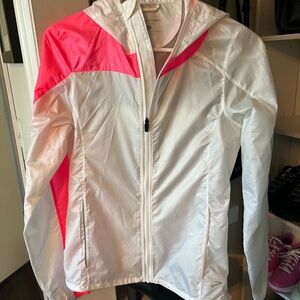 Brooks White and Pink Windbreaker Jacket with attached hood.